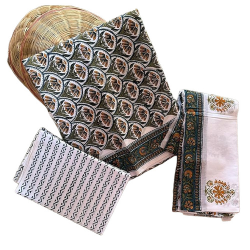 Intricate Floral Hand Block Printed Cotton Dress Material With Dupatta - Product Type: Includes Fabric For Kurta