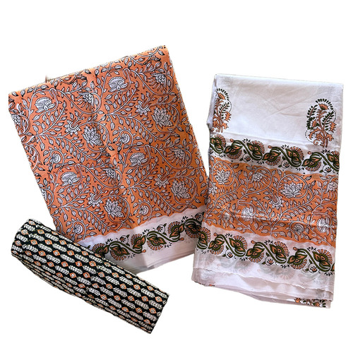 Hand Block Printed Peach Cotton Dress Material With Dupatta - Product Type: Fabric For Kurta