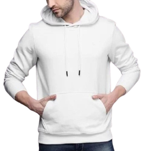 Men White Cotton Hoodie