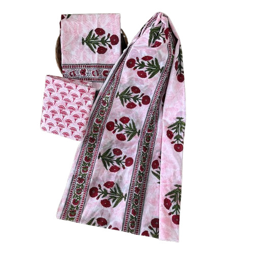 Floral Hand Block Printed Pink Cotton Dress Material With Dupatta - Occasion: Daily Wear