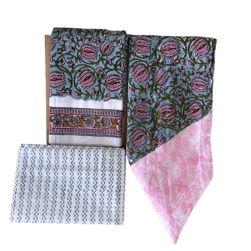 Hand Block Flowers Printed Cotton Dress Material With Dupatta - Color: Multicolor