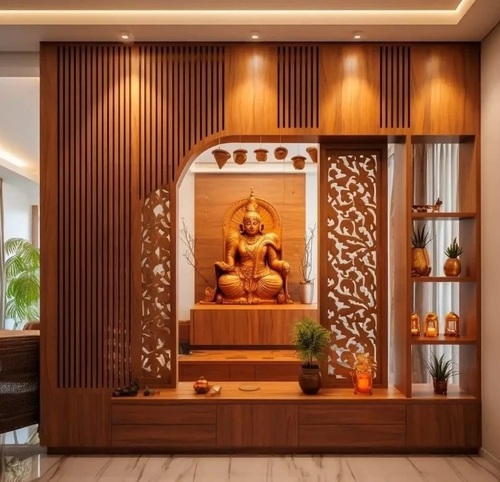 Puja Room Interior - Custom Wood Variable Dimensions Brown | Free Consultation Concept Creation Material Selection Installation