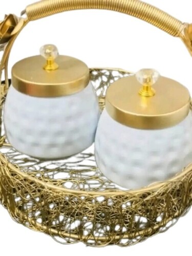Metal Basket With 2 Dry Fruit Jar - Color: Gold