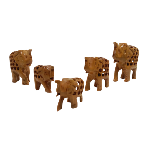 Handcrafted Wooden Elephant Family Figurines Set Of 5 - Color: Woody Brown