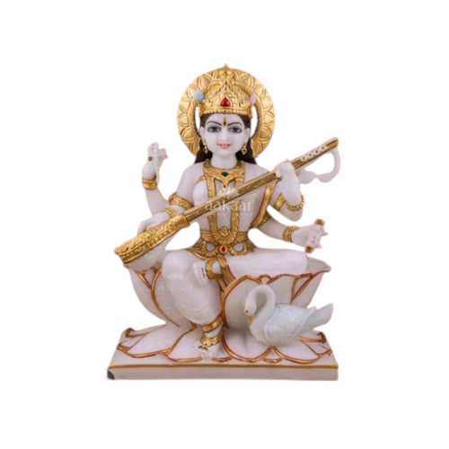 Painted Marble Saraswati Statue