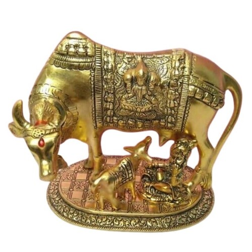 Metal Kamdhenu With Calf Sculpture