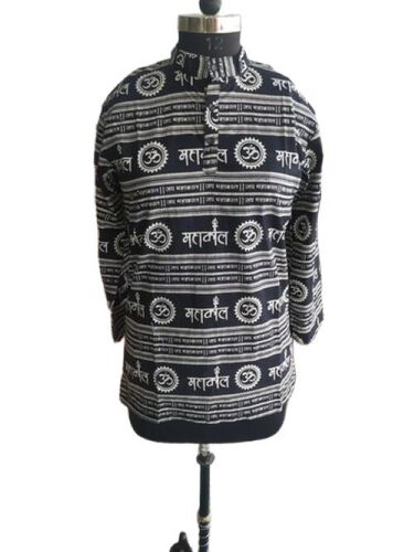 Printed Mens Cotton Kurta - Color: Black-White-Blue-Yellow