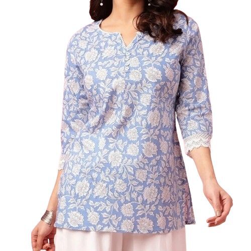 White Floral Cotton Short Kurta