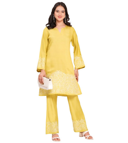 Embroidered Slub Cotton Yellow Co-Ord Kurta Pant Set
