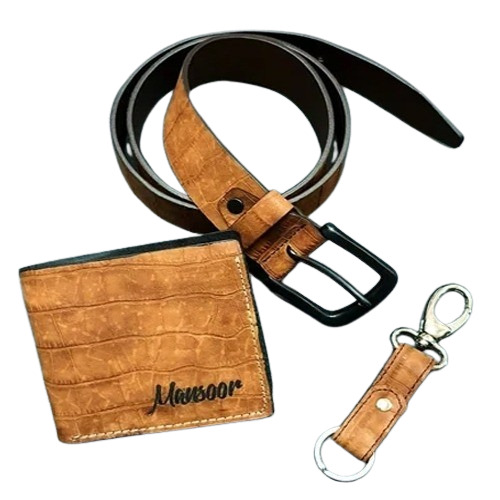 Men Tan Leather Wallet Keychain 