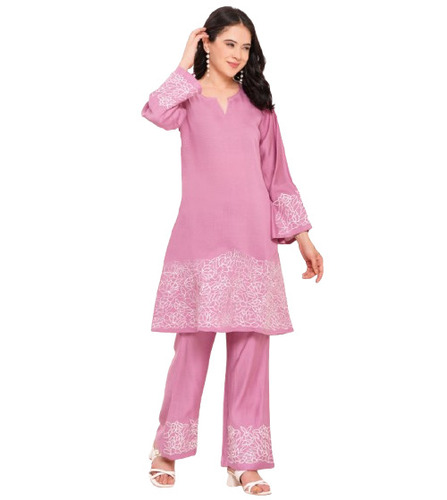 Pink Embroidered Slub Cotton Co-Ord Kurta Pant Set - Feature: Breathable