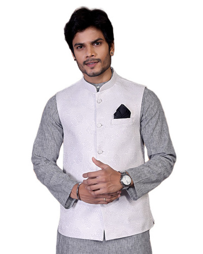 Pure White Royal Brocade Nehru Jacket - Material: Jacquard