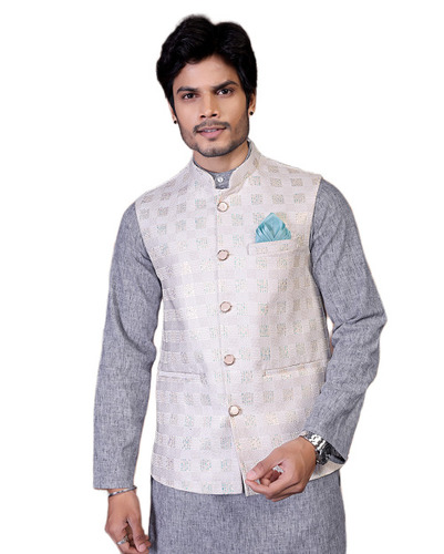 Refined Cream Textured Festive Nehru Jacket