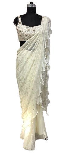 Cream Pre Draped Ready To Wear Saree Ethnic Saree - Design: Hand Embroidered