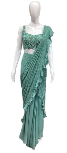 Green Pre Draped Ready To Wear Saree Ethic Saree - Design: Hand Embroidered