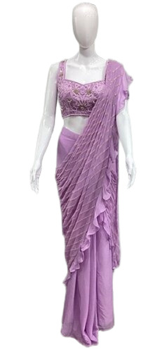 Lavender Pink Pre Draped Ready To Wear Saree Ethic Saree - Design: Hand Embroidered