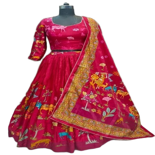 Silk Lehenga Choli with Colorful Rajasthani Print and Decorative Designer Dupattam