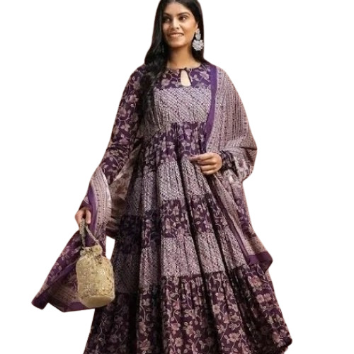 Libas Purple Cotton Printed Kurta Churidar Set With Dupatta