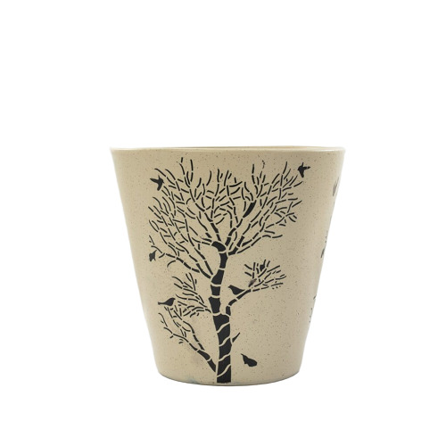 Beige Handmade Ceramic Cone Pot 26cm with Tree Print