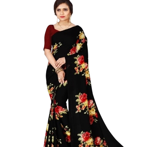 Black Printed Saree - Cotton, Various Sizes, Black | Elegant Design, Comfortable Fit, Party Wear