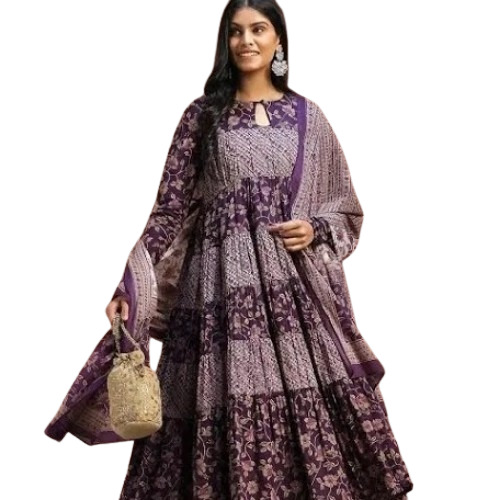Printed Cotton A-Line Kurta With Churidar Dupatta