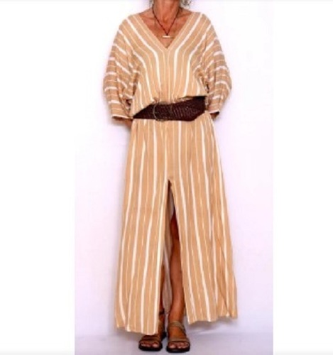 Dark Beige Cotton Striped Dress
