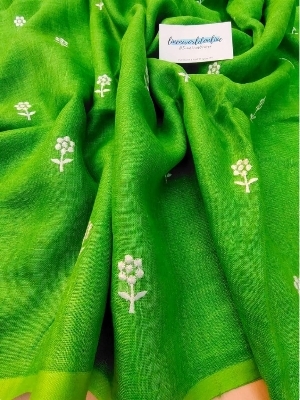 Linen Embroidery Saree - Color: Green