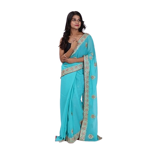 Cotton Sky Blue Designer Fancy Saree