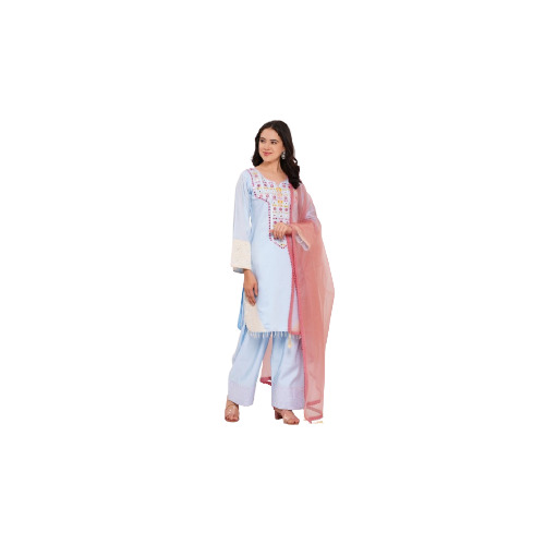 Roman Silk Suit Set With Mirror Embroidery - Color: Blue