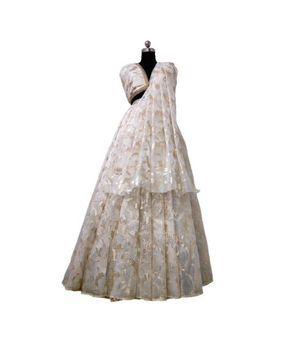Organza Jacquard Badla Jari Fabric - Color: White