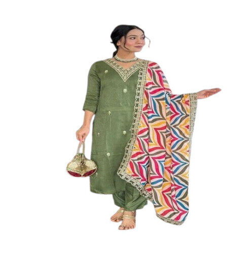Olive Embroidered Viscose Kurta Set - Design: Self Design