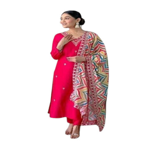Rani Pink Embroidered Viscose Kurta Set
