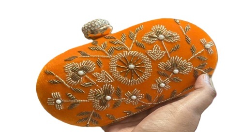 Embroidered Printed Orange Clutch Bag
