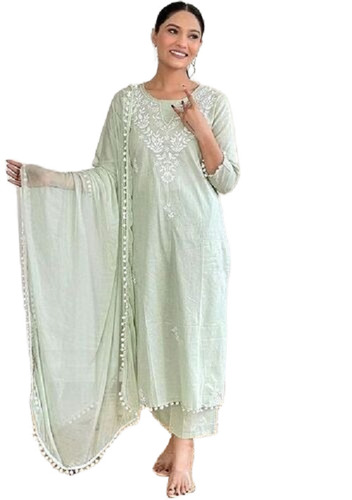  Green Floral Print Cotton Kurta Set With Dupatta - Design: Traditional
