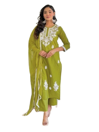Embroidered Green Cotton Kurta Set