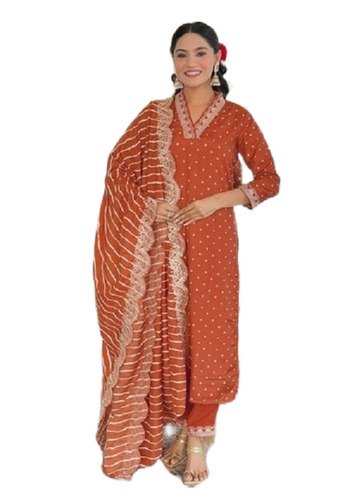 Orange Bandhani Vichitra Silk Salwar Kameez - Design: Traditional