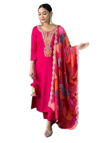 Red Embroidered Viscose Silk Kurta Set - Type: Salwaar Kameez