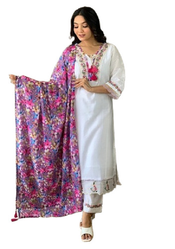 Viscose White Embroidered Chanderi Kurta Set - 100% Viscose, Multicolor Floral Embroidery, Scalloped Hem, Floral Printed Dupatta