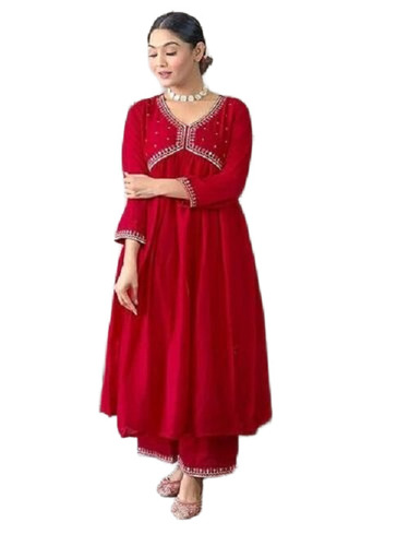 Viscose Womens Red Kurta Set - Type: Salwaar Kameez