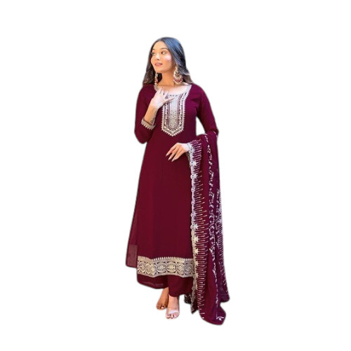 Chinon Maroon Embroidered Kurta Set - Design: Traditional