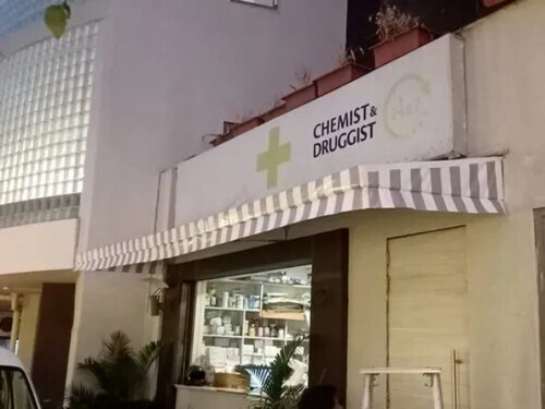 Fixed Shop Awning - Color: Multi-Color Striped