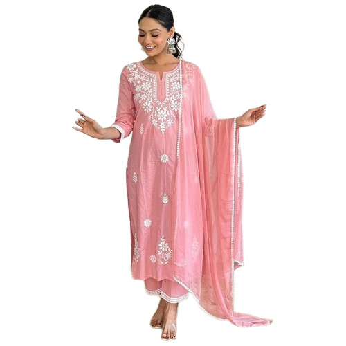 Pink Embroidered Cotton Kurta Set - Design: Traditional