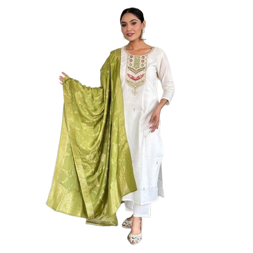 Pista Green Embroidered Viscose Kurta Pant Set - Color: White