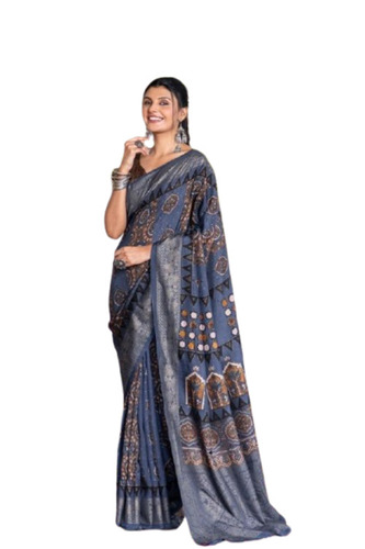 Digital Print Pure Ajrak Printed Sarees With Stitched Blouse