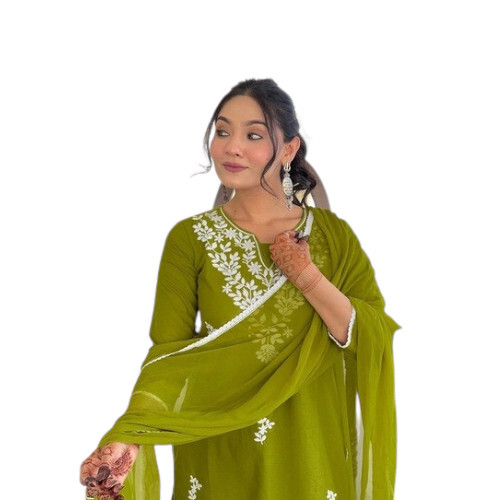 Green Cotton Chikankari Kurta Set - Design: Traditional