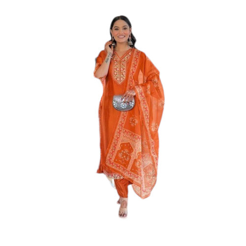 Viscose Orange Embroidered Kurta Set