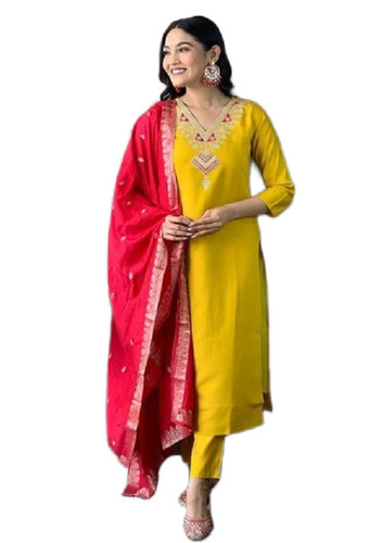 Yellow Embroidered Chanderi Kurta Pant Set - Design: Traditional