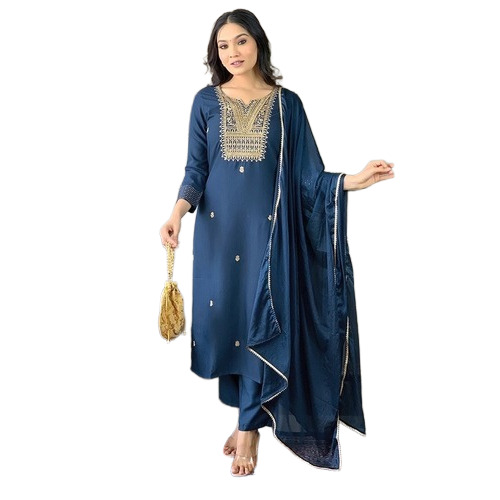 Straight Blue Abstract Print Rayon Kurta Pant Set