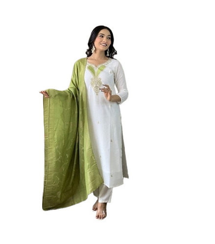 White Embroidered Chanderi Viscose Kurta Set - Design: Traditional