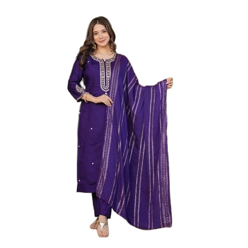 Purple Embroidered Chanderi Salwar Kameez - Design: Traditional